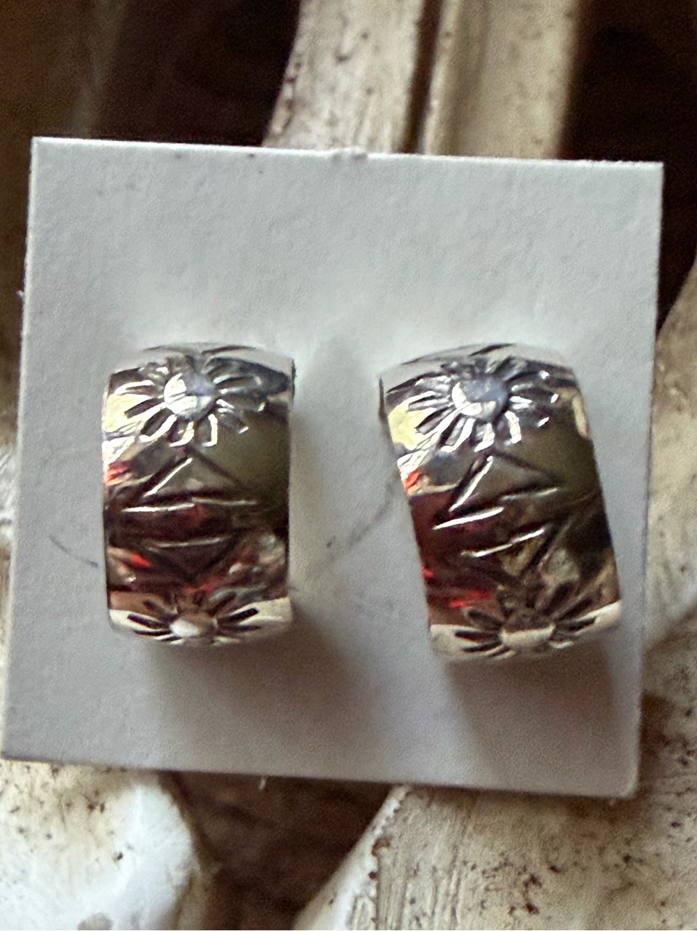 Floral Engraved Hoop Earrings - Silver Tone